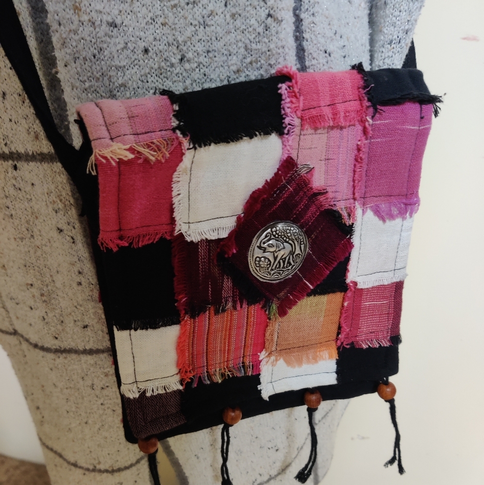 Patchwork Crossbody Bag - Pink and Black Beaded